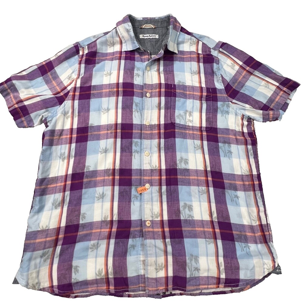 Tommy Bahama Shirt Mens Large Purple Blue Plaid Palm Tree Button Front